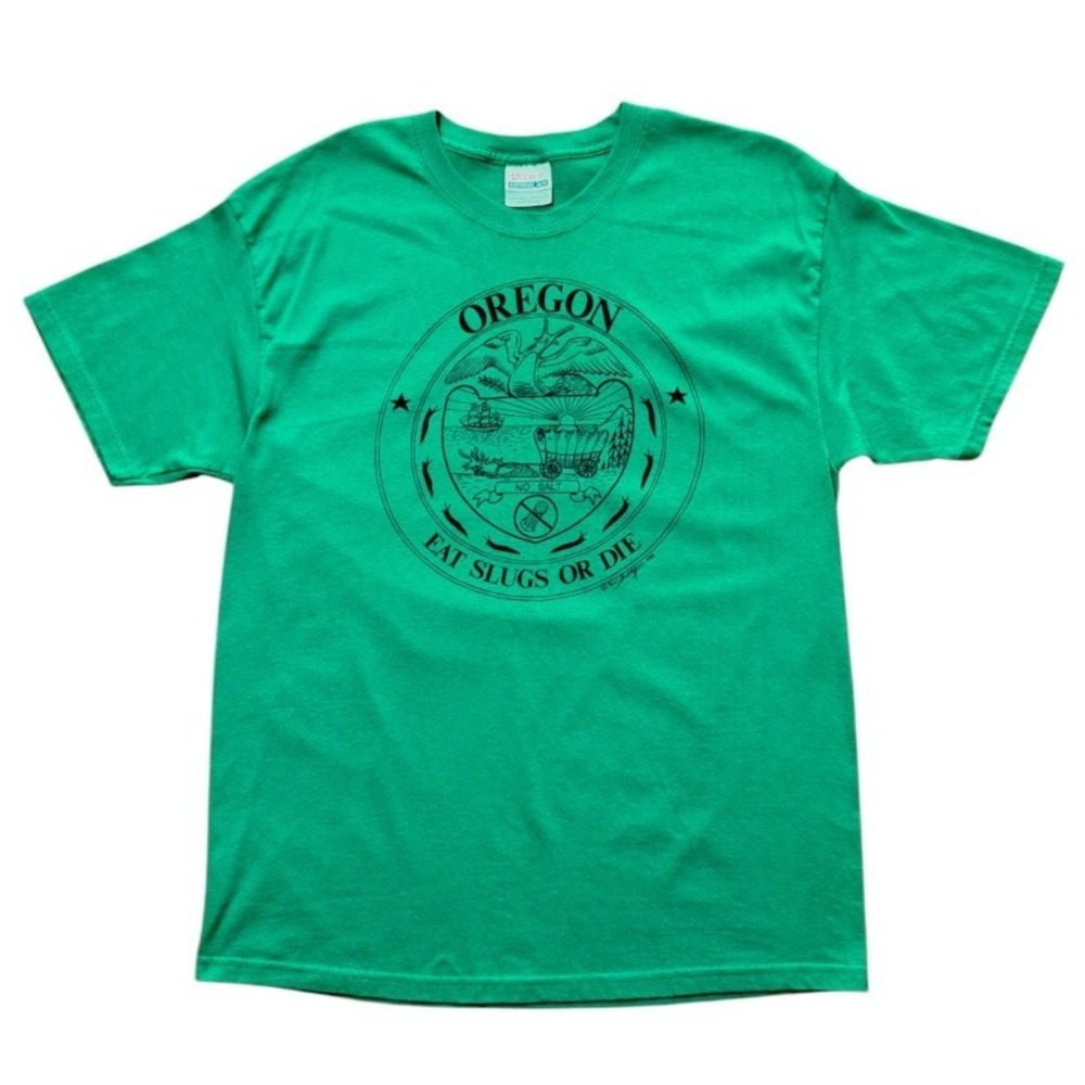 Vintage 90s Oregon USA Eat Slugs Or Die Crest Emblem 80s Art Graphic T-shirt